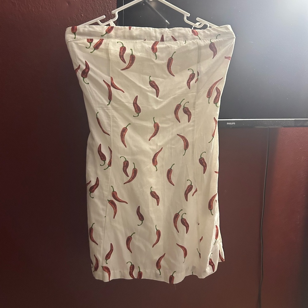 White Strapless Dress with Red Chili Pepper Print